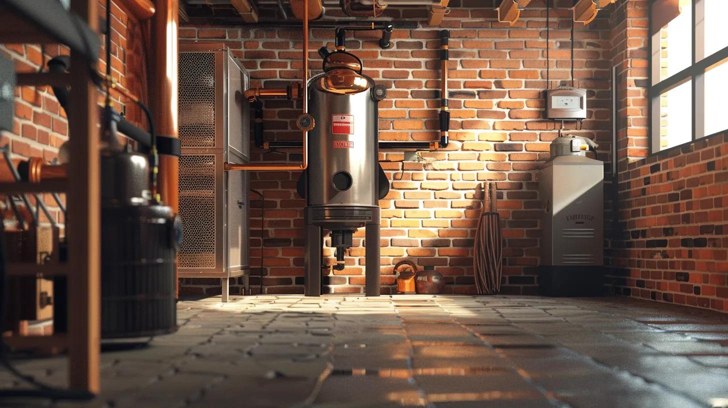 Furnace in a brick basement, showcasing HVAC equipment and pipes, relevant to troubleshooting and maintenance for Riverside homeowners.