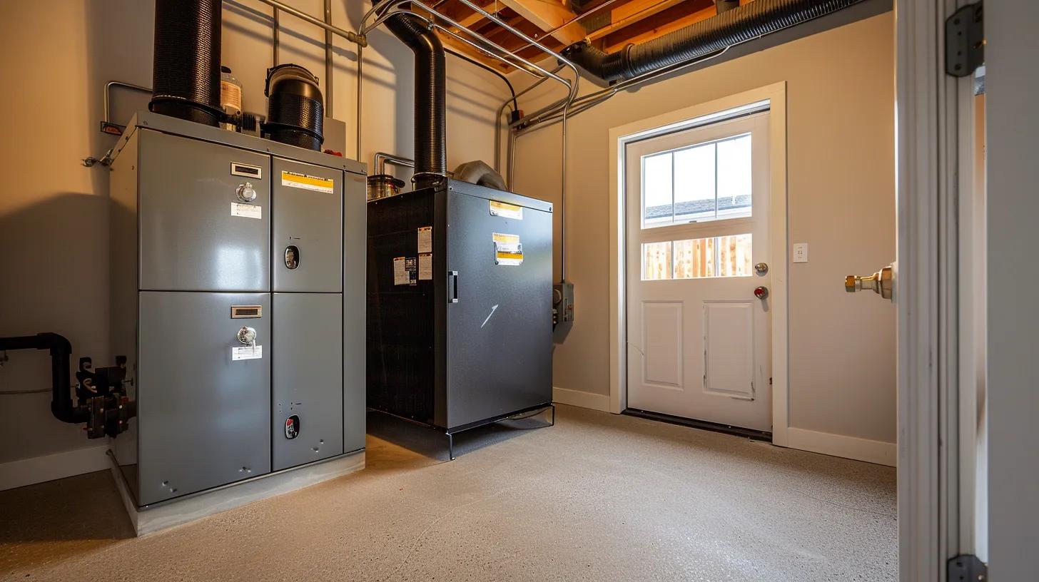 Furnace units in a residential utility room, showcasing heating equipment essential for maintaining warmth during chilly nights in Riverside, CA.