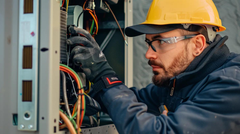 HVAC technician wearing safety glasses and a hard hat, inspecting electrical components and wiring inside an air conditioning unit, emphasizing expertise in home heating and cooling solutions.