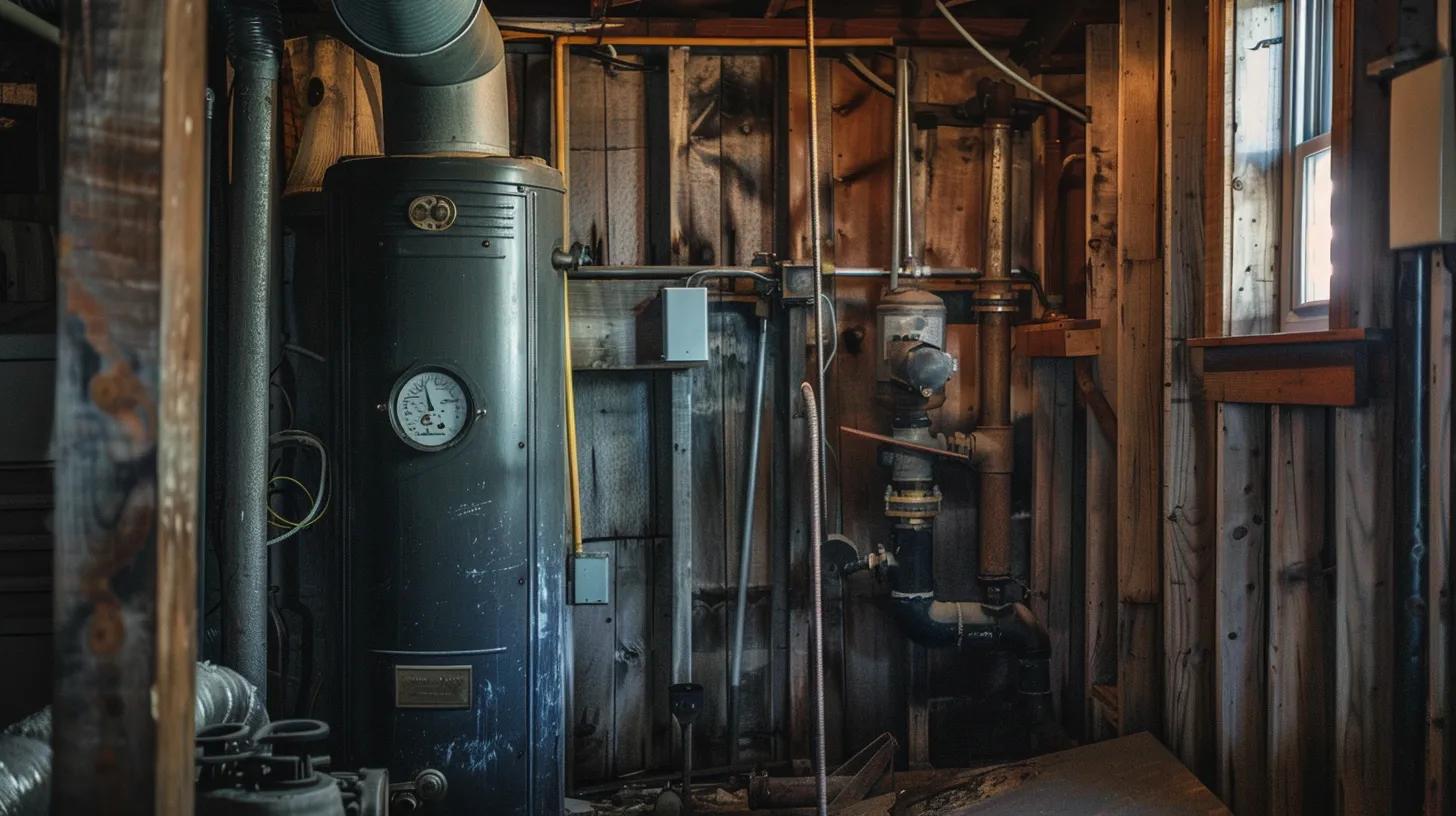 Furnace and HVAC system in a dimly lit utility room, showcasing pipes, gauges, and ventilation, relevant to emergency furnace repair services in Riverside.