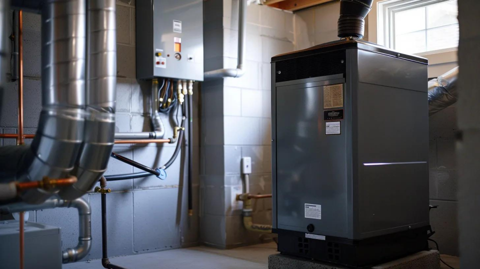 Furnace unit in a residential basement with visible ductwork and plumbing, illustrating HVAC maintenance and repair context for Perfect Temp Air Conditioning and Heating in Riverside.