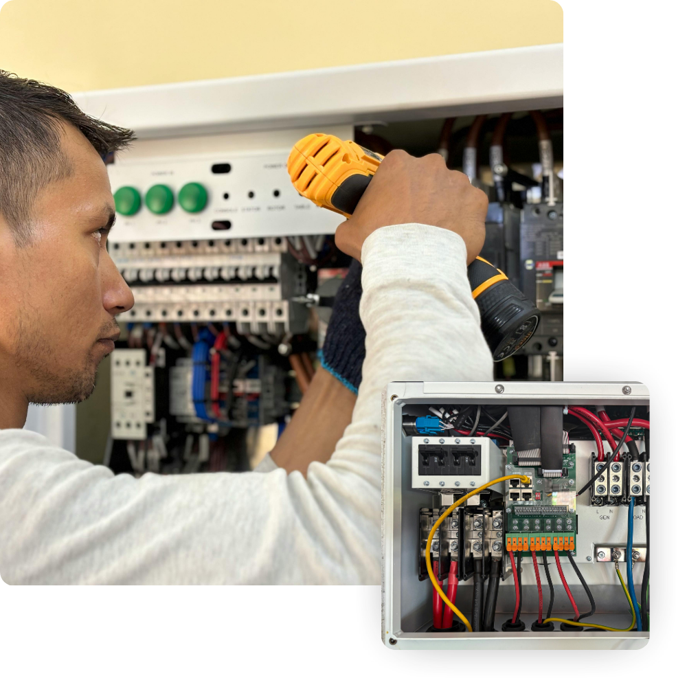 Electrician using a power drill to work on a residential electrical panel, showcasing wiring and components for safe and efficient home electrical solutions.