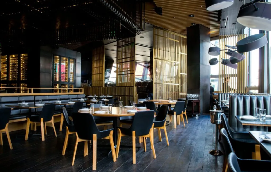 Modern restaurant interior with wooden accents