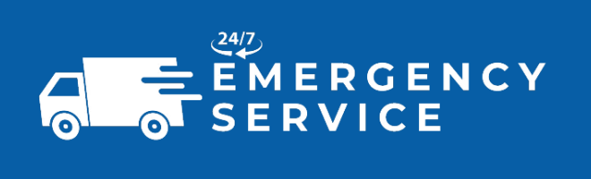 24/7 emergency service logo on blue background