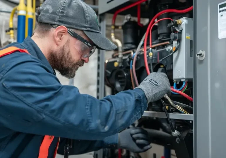 Maintenance worker fixing mechanical system